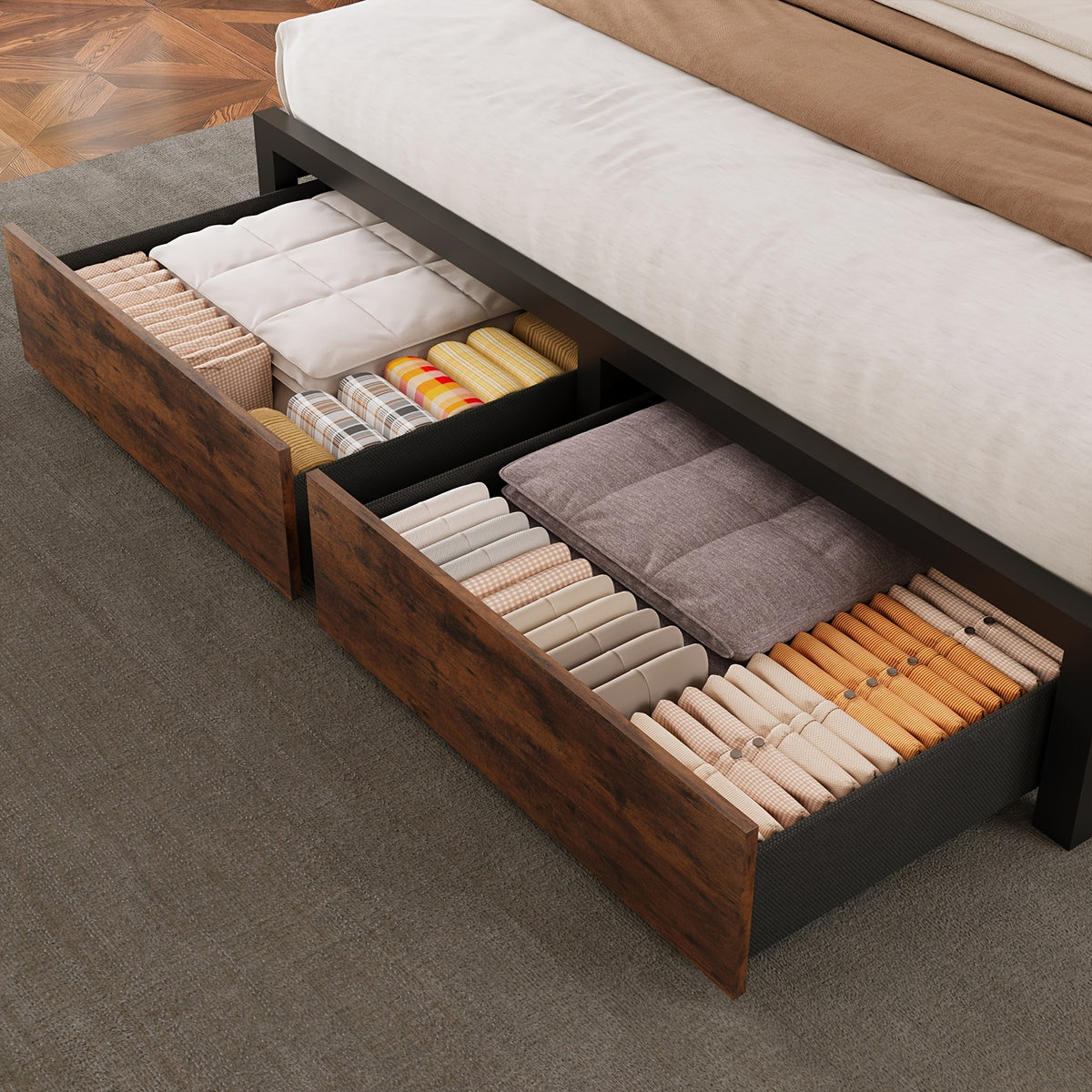 Farmhouse Bed Frame with Storage Headboard, LED Lights, Charging Station and 2 Drawers, Arrow Design, No Box Spring Needed, Rustic Brown