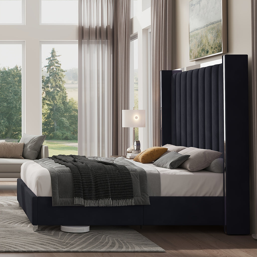 LUXOAK Velvet Upholstered Platform Bed with 58" Tall Channel Tufted Wingback Headboard, Plating Trim & No Box Spring Needed