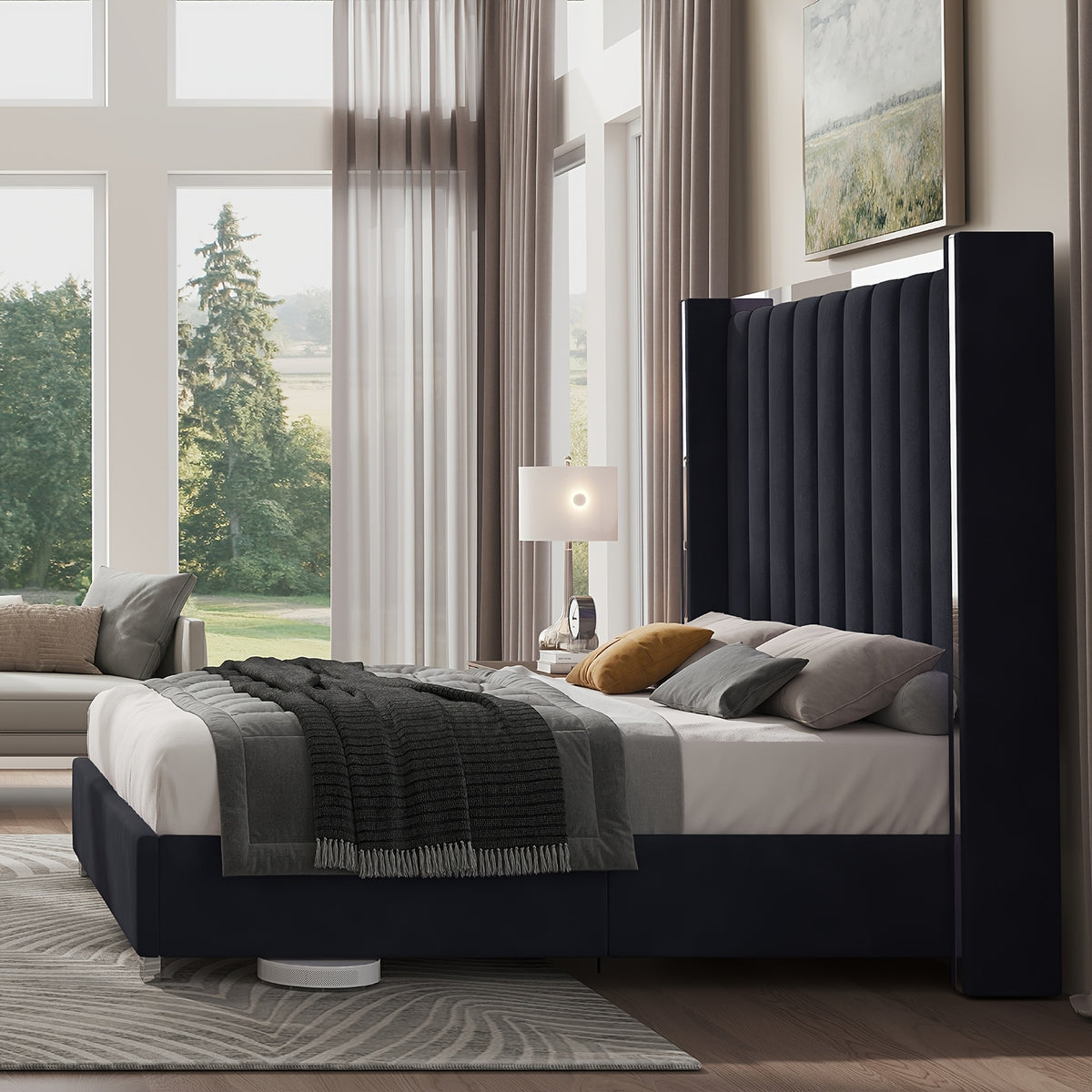 LUXOAK Velvet Upholstered Platform Bed with 58" Tall Channel Tufted Wingback Headboard, Plating Trim & No Box Spring Needed