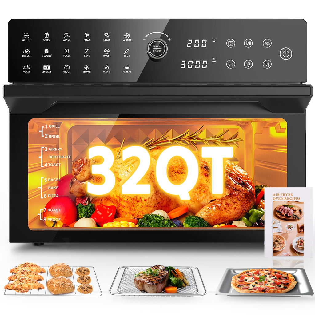Extra Large 32-Quart Air Fryer, Digital Air Fryer Oven, and Toaster Oven Combo - 20-in-1 Countertop Convection Oven with 13" Pizza Pan, 7 Accessories, Clear Door, 1800W Dual Cooking, 360° Hot Air Circulation for Healthy Meals - Black. 86-450℉.