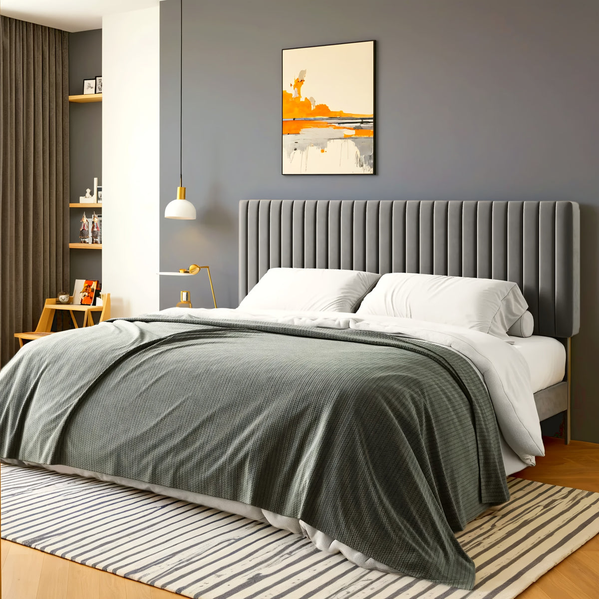 HOOMIC Velvet Upholstered Bed Frame with Adjustable Headboard, Contemporary Platform Bed Featuring Vertical Channel Tufting, Wooden Slats for Support, Optional Box Spring, Ideal for Home Bedroom Furniture, Free Shipping Available