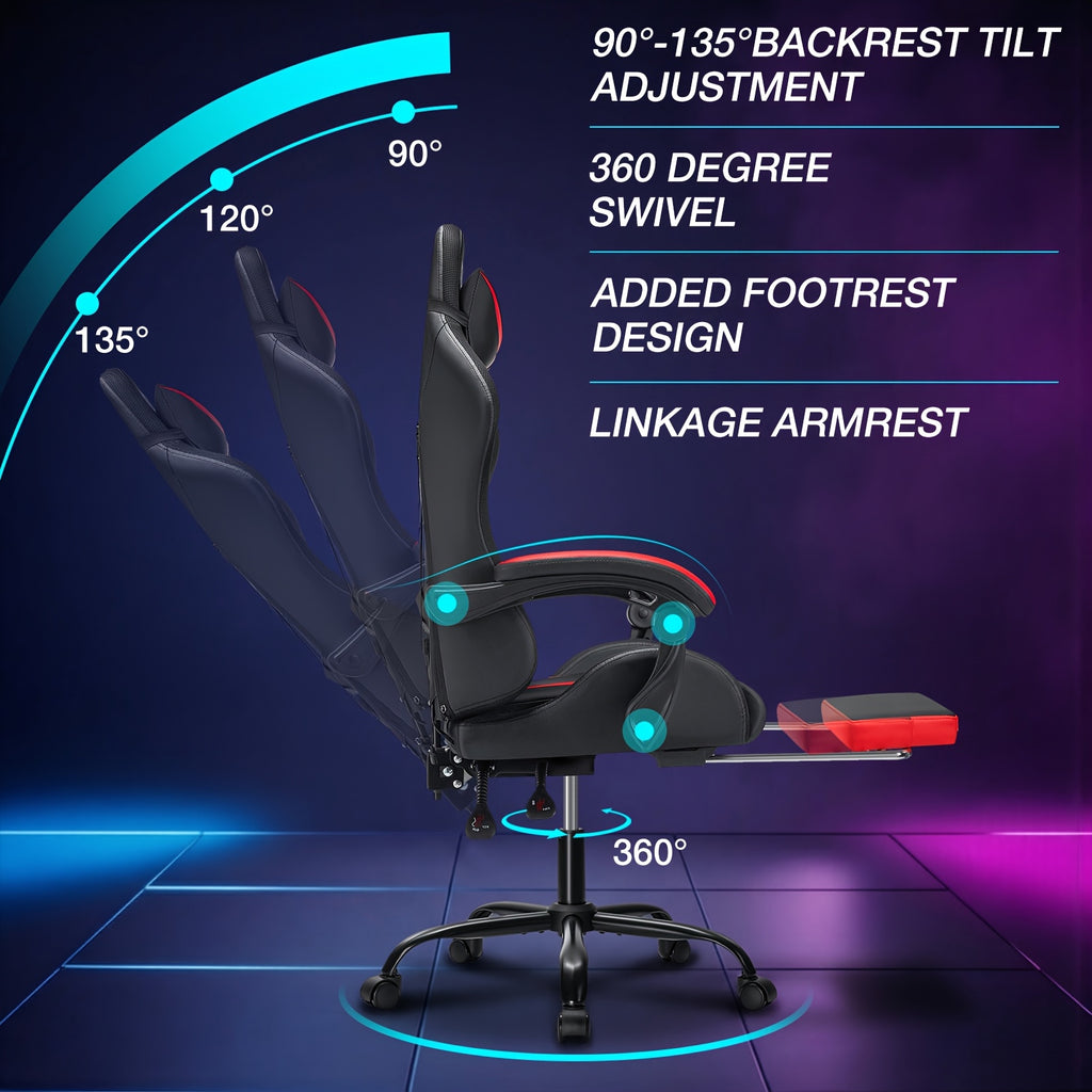 RGB Gaming Chair with LED Lights And Massage Ergonomic Computer Chair High Back Video Game Chair with Footrest And Adjustable Lumbar Support Linkage Armrest