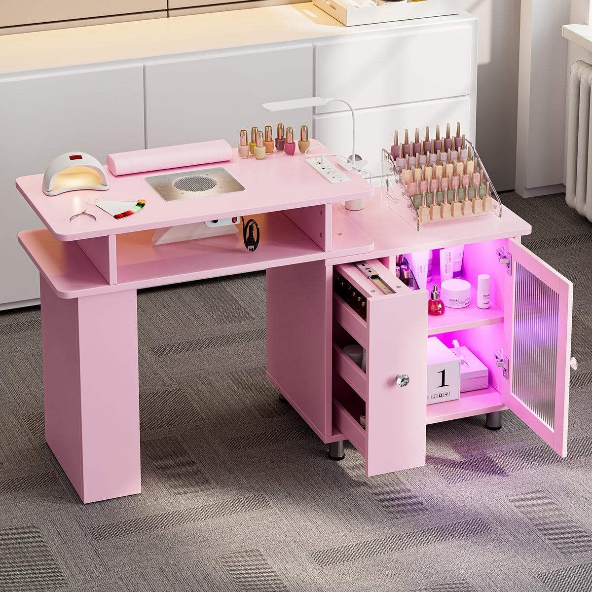 Paddie Manicure Table Nail Desk, Glass Cabinet Door Nail Table Station W/Dust Collector, Removable Acrylic Container, Cabinet And Drawer