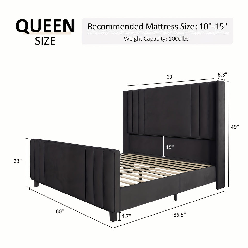 LUXOAK Velvet Upholstered Platform Bed Frame with Vertical Channel Tufted Wingback Headboard & Footboard - Mattress Foundation with Wood Slats, No Box Spring Required
