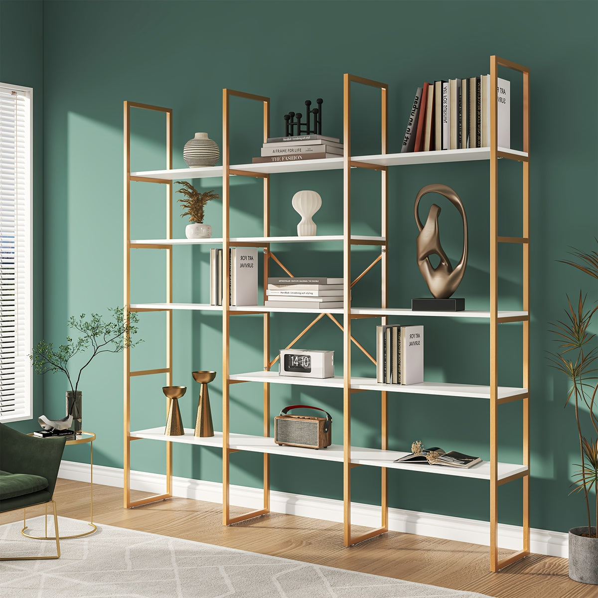 5-Tier Triple Wide Geometric Bookshelf, Industrial Etagere with Sturdy Metal Frame, 71" Tall Freestanding Display Shelving Unit, Modern Design for Home& Office