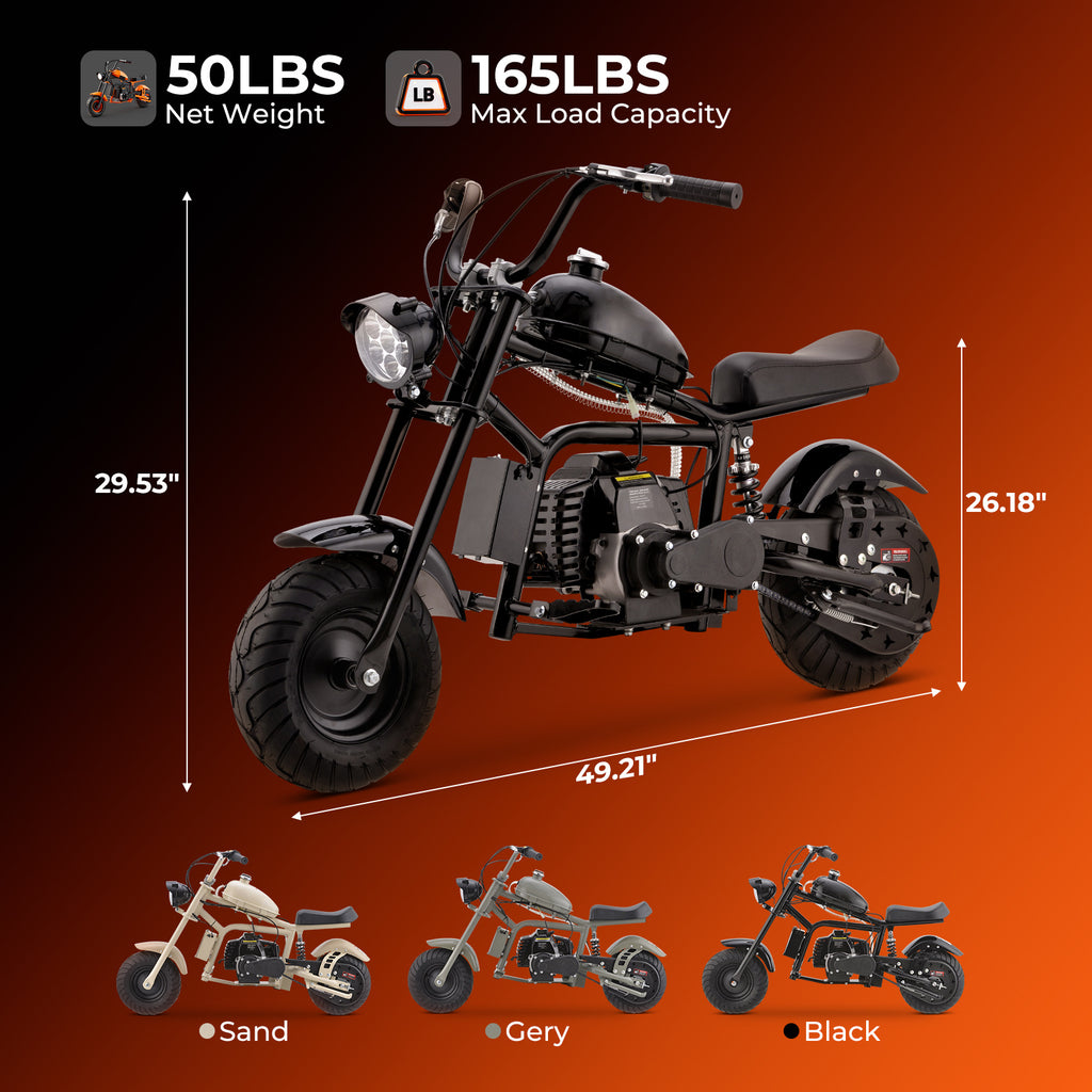 Gas Mini Chopper Bike, DB003 Model 40CC4-Stroke Dirt Bike with Big Headlight, Rear Shock Absorber, Metal Frame, Disc Brakes, Max Load 165Lbs, Up to 20Mph, Product name: gas mini dirt bike, chopper bike