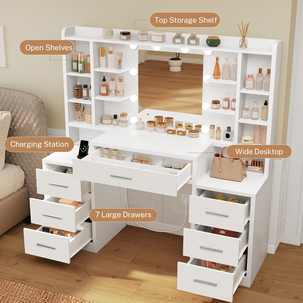 Makeup Vanity Table with LED Mirror | Vanity Desk with 7 Drawers and 8 Storage Shelves, Classic Finish, Bedroom Use