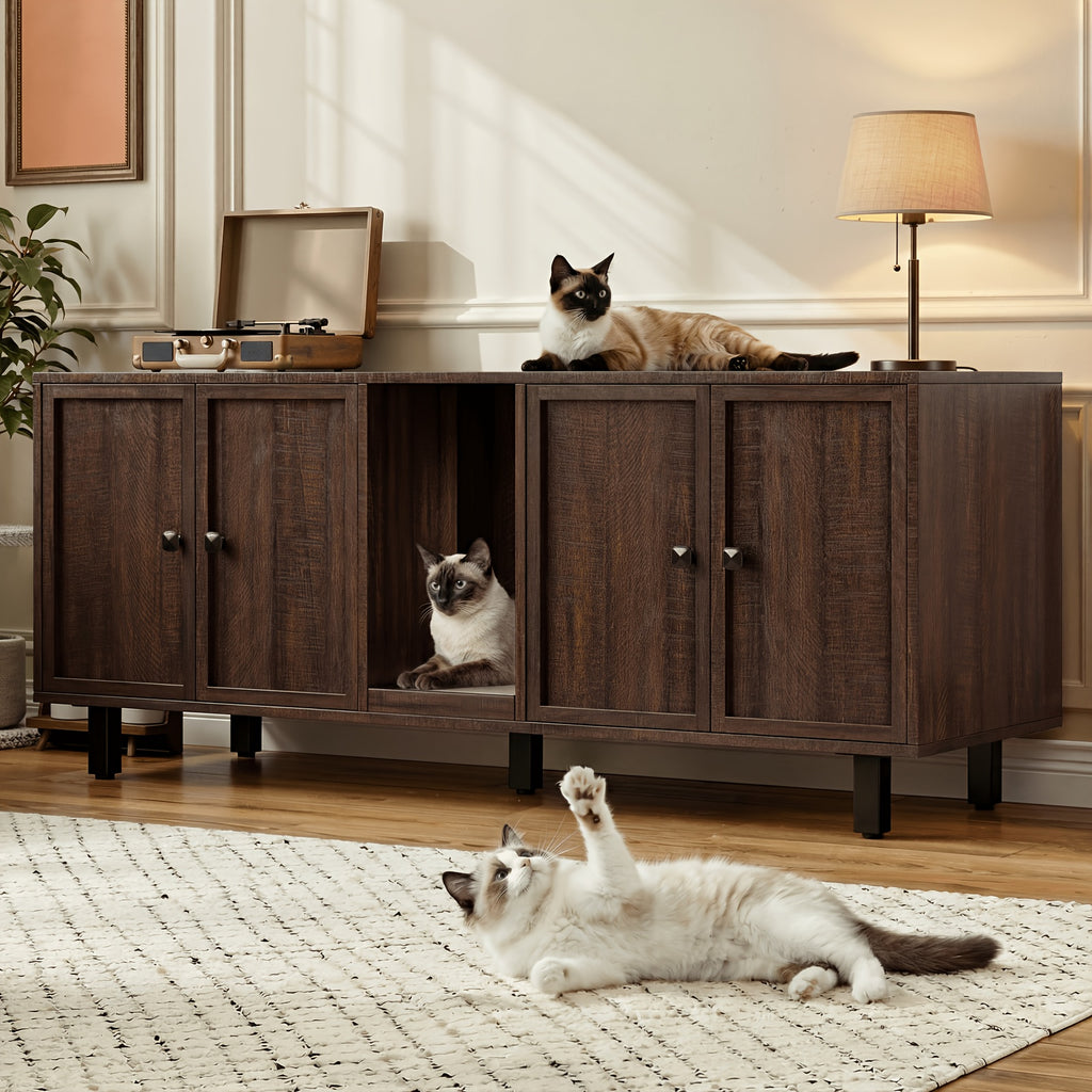 [Cat Litter Box Enclosure] 59 Inches Cat Litter Box Enclosure for 2 Cats, Hidden Litter Boxes Furniture with Cat Scratch Pad, Large Indoor Cat House with Double Room, Wooden TV Stand Side Table, Black