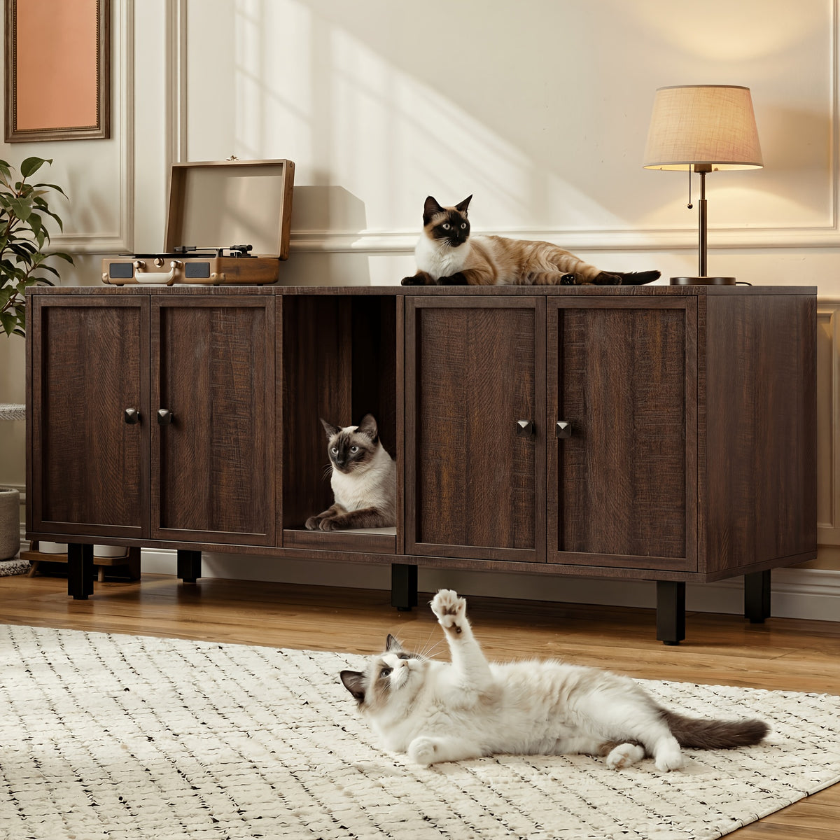[Cat Litter Box Enclosure] 59 Inches Cat Litter Box Enclosure for 2 Cats, Hidden Litter Boxes Furniture with Cat Scratch Pad, Large Indoor Cat House with Double Room, Wooden TV Stand Side Table, Black