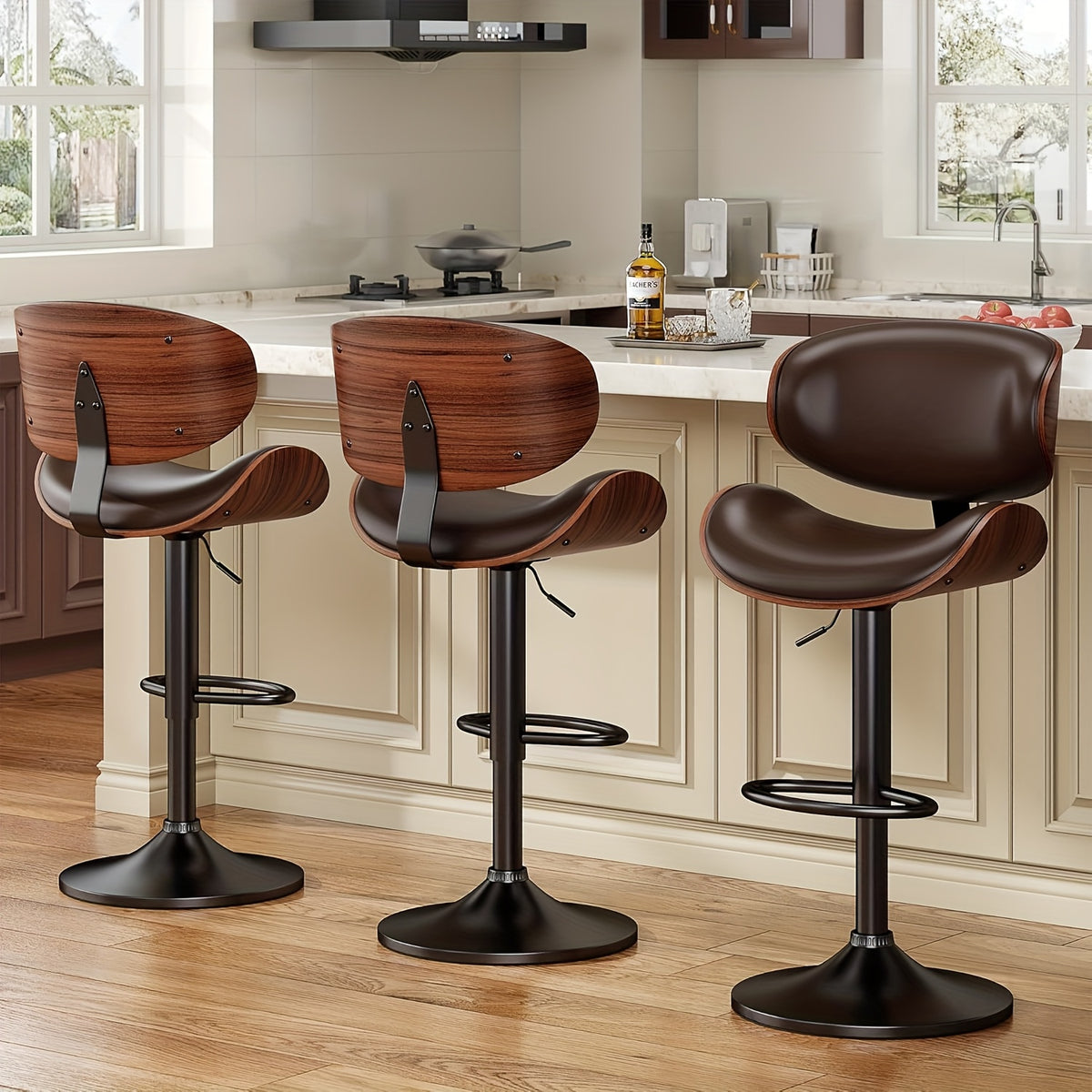 3pcs Modern Faux Leather Upholstered Bar Stools, 360° Swivel Adjustable Height with Backrests, Metal Tall Bar Stools Counter Height for Kitchen Island, Hydraulic Island Barstools
