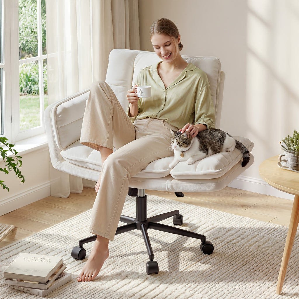 Office Criss Cross Chair with Wheels & Armrests, Comfy Wide Vanity Chair, Height Adjustable Computer Office Desk Chairs for Home, Makeup, Bedroom, Stable & Comfortable