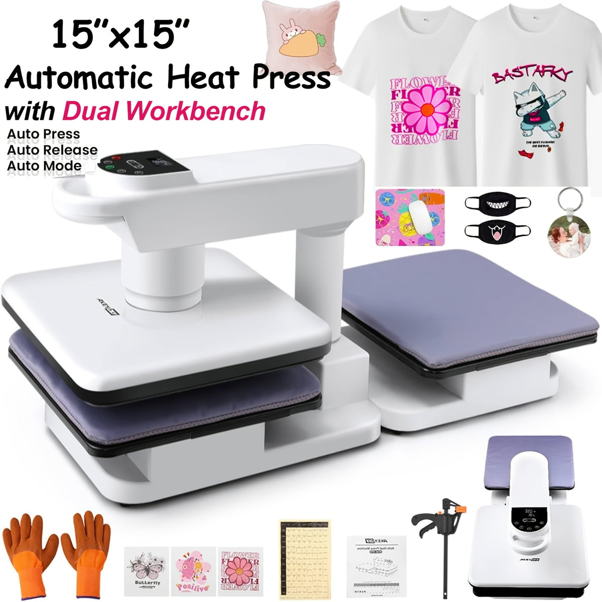 15X15" Car Heat Press Machine for T-Shirts, Large Digital Control Heat Transfer Machine for T-Shirts, 360° Swing Away Heat Press with Auto Release, Fast