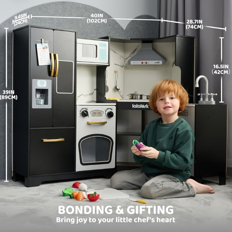 SYNCFUN Wooden Corner Kitchen for Playset with Fake Food Toys, Real Lights And Sounds, Double-Door Fridge, Ice Maker And Cookware Additions, Play Kitchen Set for Kids, Multi-Item Party Favor Packs for Children