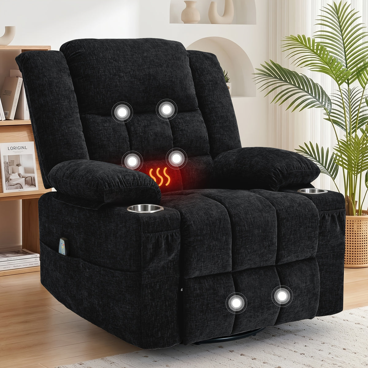 Personal Care Home Massage Chair, 360° Rotation Of Massage Heating Function Comfortable Recliner Chair, Manual Adjustable Angle Leisure Rocking Chair, Massage Sofa Chair with Side Pockets And Front Pockets, with Built-in Cup Holders And Thickened