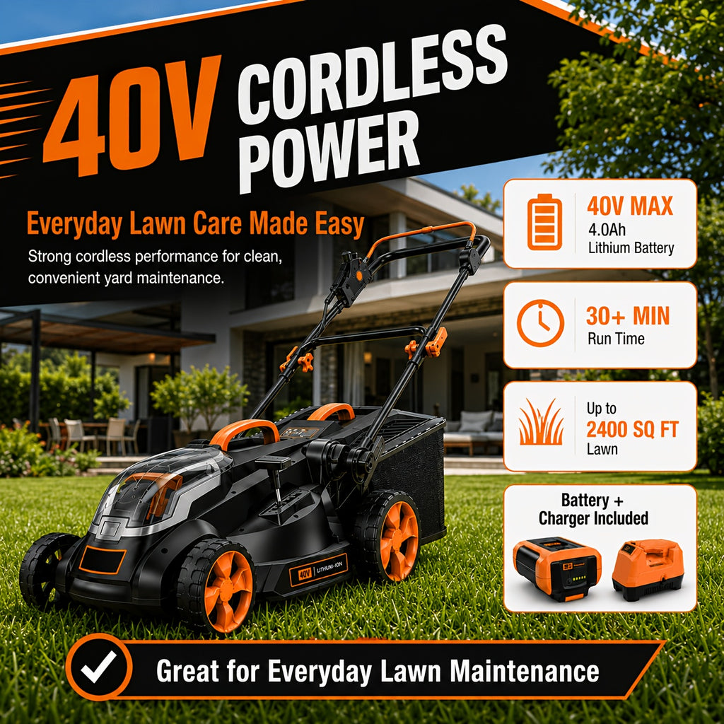 40V 16" Cordless Lawn Mower W/ 4.0Ah Battery, Brushless Motor, 6 Position Height Adjustment Electric Lawn Mower, Single-Lever Height Adjustment, 2-in-1 Mulch & Bag, Foldable Handle for Easy Storage