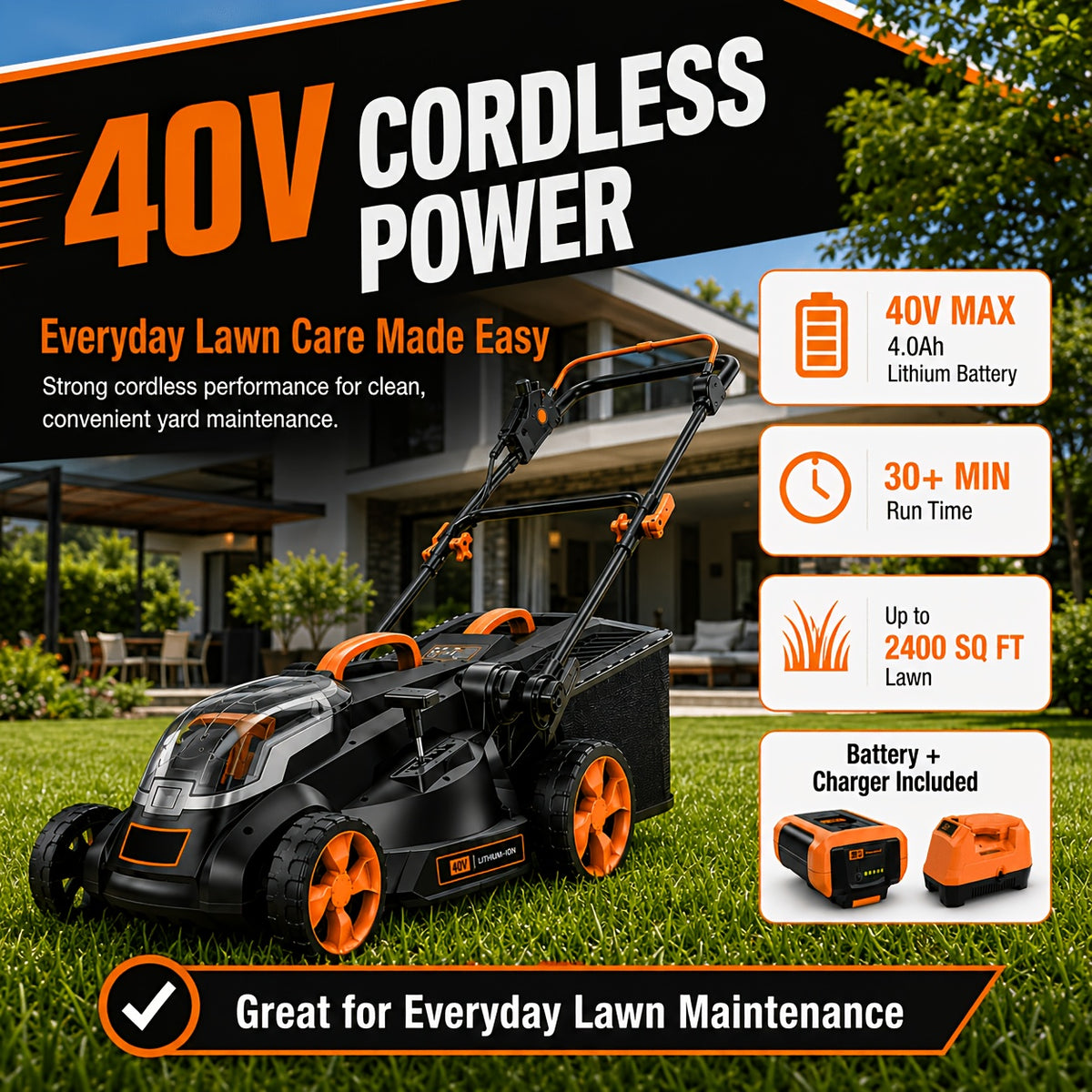 40V 16" Cordless Lawn Mower W/ 4.0Ah Battery, Brushless Motor, 6 Position Height Adjustment Electric Lawn Mower, Single-Lever Height Adjustment, 2-in-1 Mulch & Bag, Foldable Handle for Easy Storage