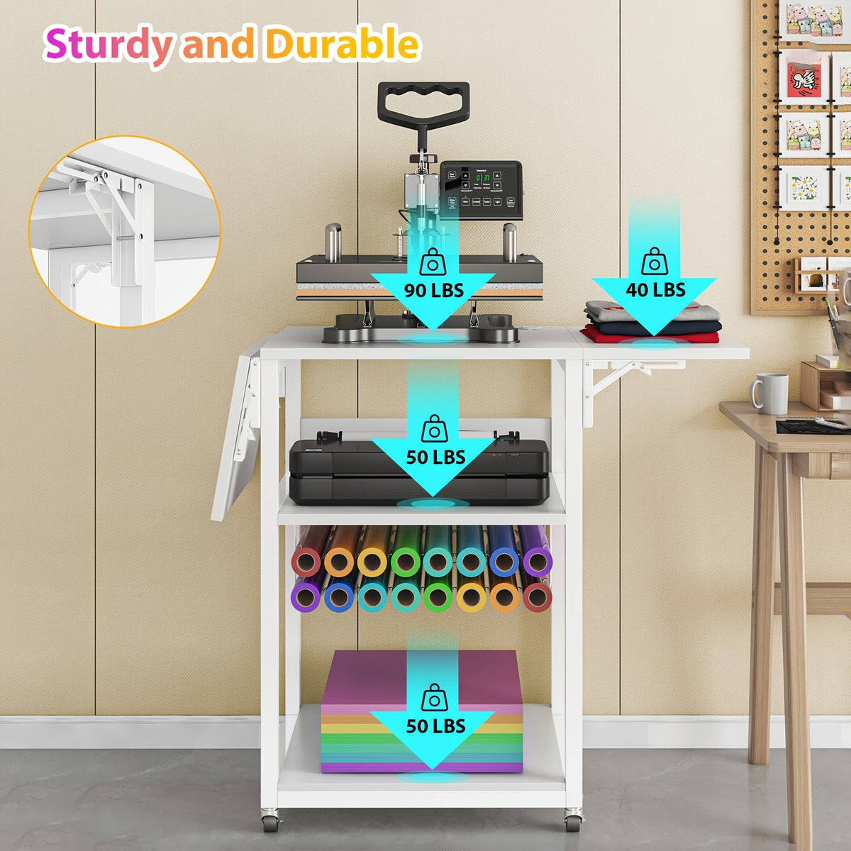 VISOUD 3-Tier Foldable Heat Press Machine Table, Portable Metal Stand with Vinyl Reel Holder, Heavy-Duty for DIY Sublimation Printer, White - Crafts, Crafts & Sewing Supplies, Heat Press Machine Accessories