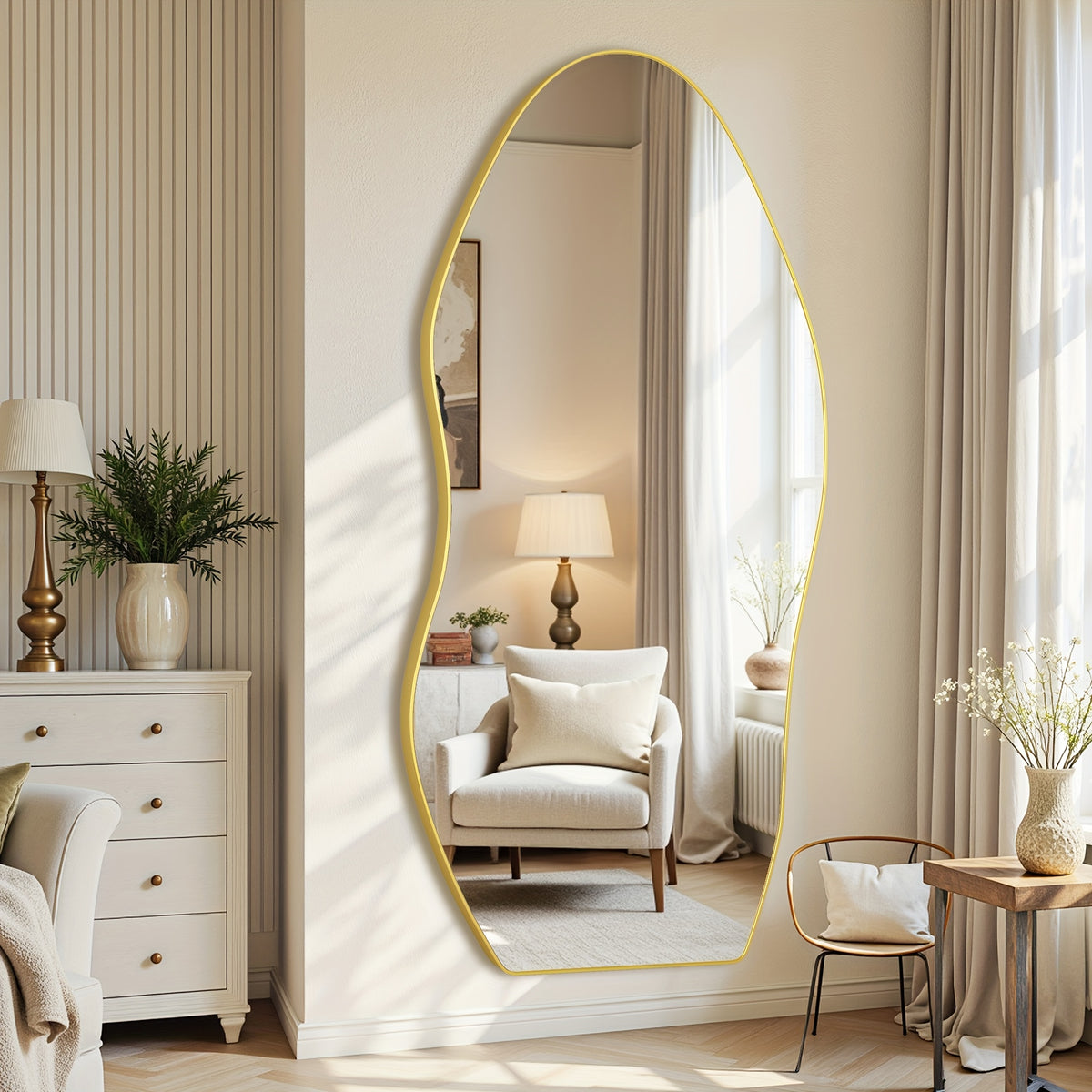 Furnbar Full Length Mirror, 81"X41" Floor Mirror with Stand, Standing Hanging Leaning Irregular Mirrors for Bedroom Living Room Entryway, Wavy Shaped