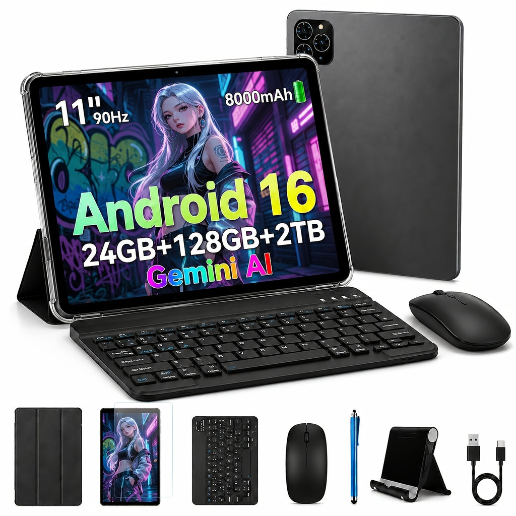 TABWEE T90 Android 16 New 2025 Tablet, 11-inch HD Large Screen+1200x1920 IPS Display, Unisoc Octa-Core High-Performance CPU, 24(8+16)GB RAM +128GB ROM(2TB Expand), 13MP+5MP Camaras/Face ID, 8000mAh Long Battery Life, Support Widevine L1, Gemini AI