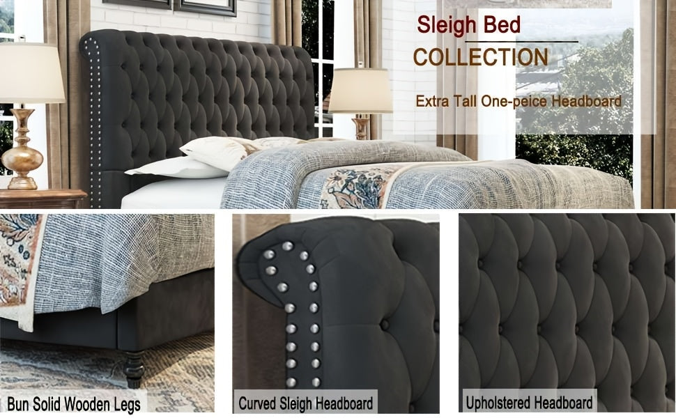 LUXOAK Bed Frame King/Queen Size, Velvet Tall Headboard King Bed Frame with Button Tufted 52.8" Tall Sleigh Headboard, No Box Spring Needed, Easy Assembly