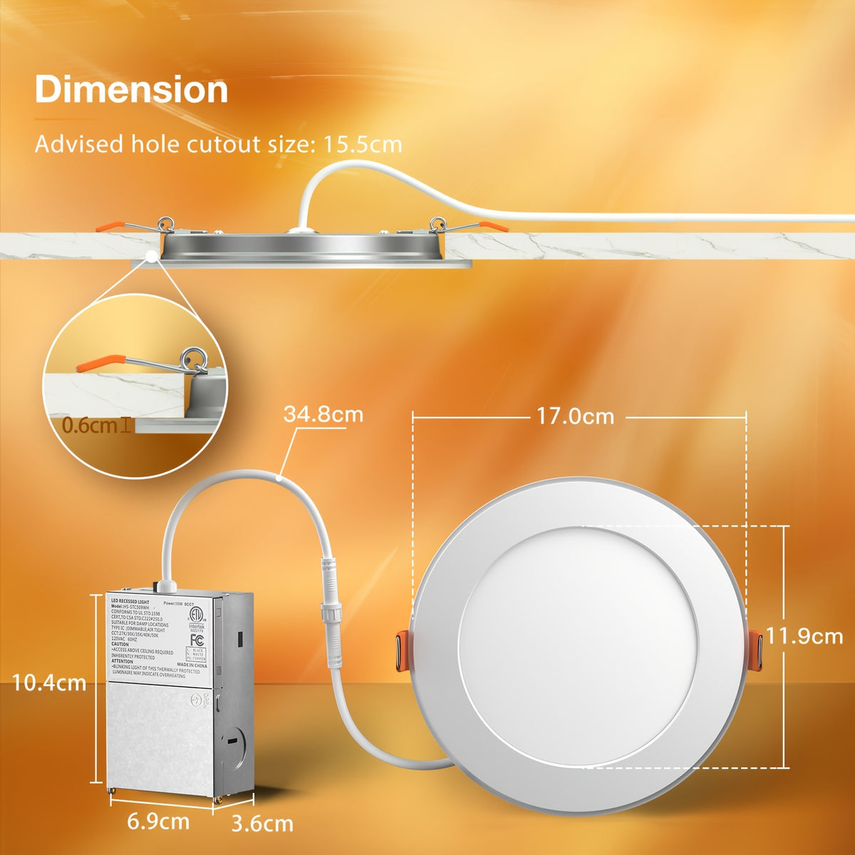 12/6 Pack 4/6 Inch 5CCT LED Recessed Ceiling Light with Night Light, 2700K/3000K/3500K/4000K/5000K Selectable Ultra-Thin Lighting, 12W=110W, 1100LM, Dimmable Canless Wafer Downlight