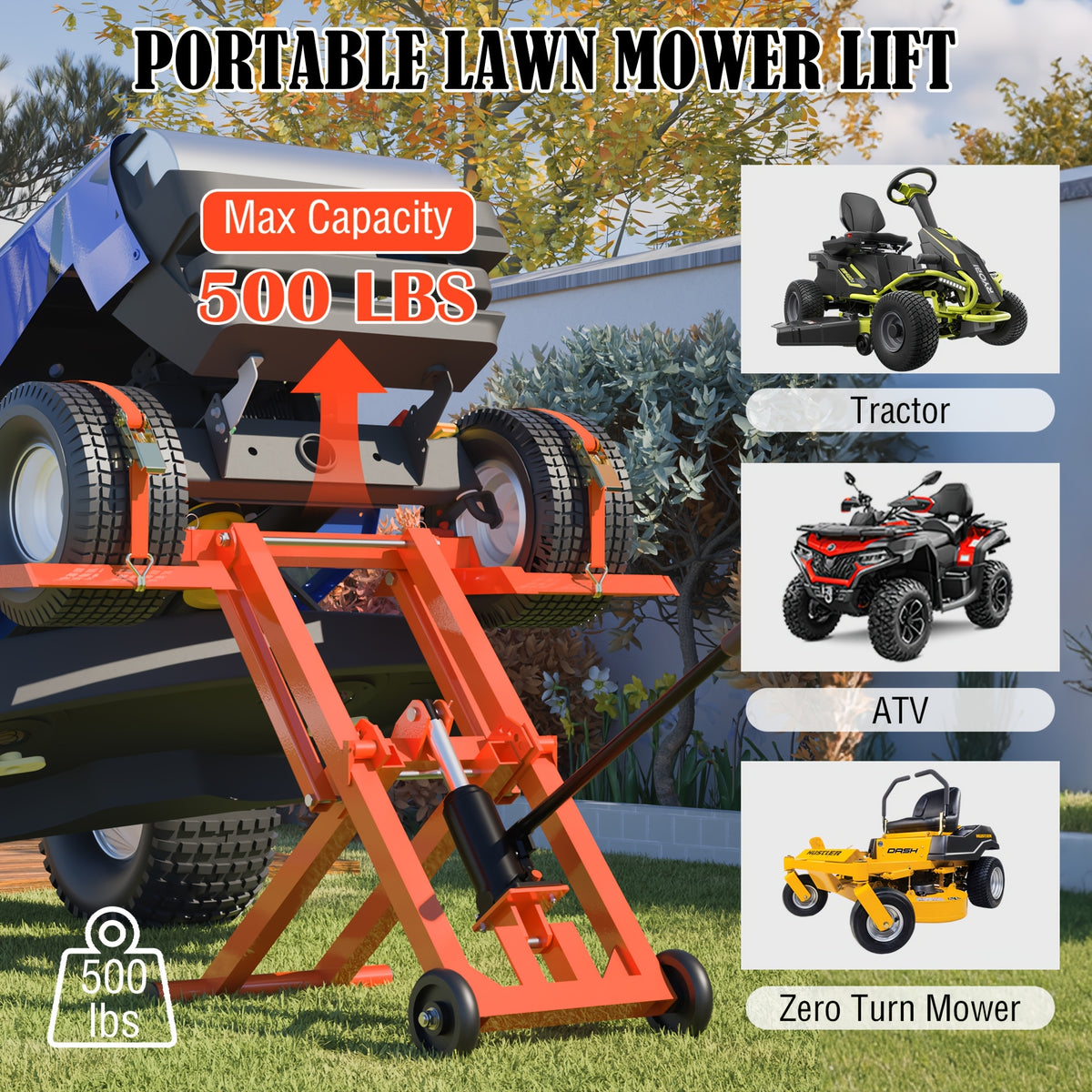 Sturdy 500 Lbs Capacity Lawn Mower Lift Jack - with Hydraulic Jack · Riding Mower Lift Foldable Design | for Zero Turn Mower Lift and Garden Tractors - for Mower Maintenance or Repair