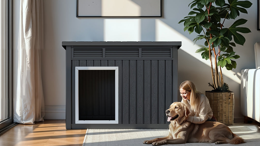 42.87"x32.95"x31.61" Slanted Top Doghouse for Large Dogs - UV-Resistant  Outdoor Pet Shelter with Ventilation Openings, Easy Assembly, Durable Plastic Construction,, Modern Pet House, Weatherproof Pet Home,Outdoor Stray Dog Kennel