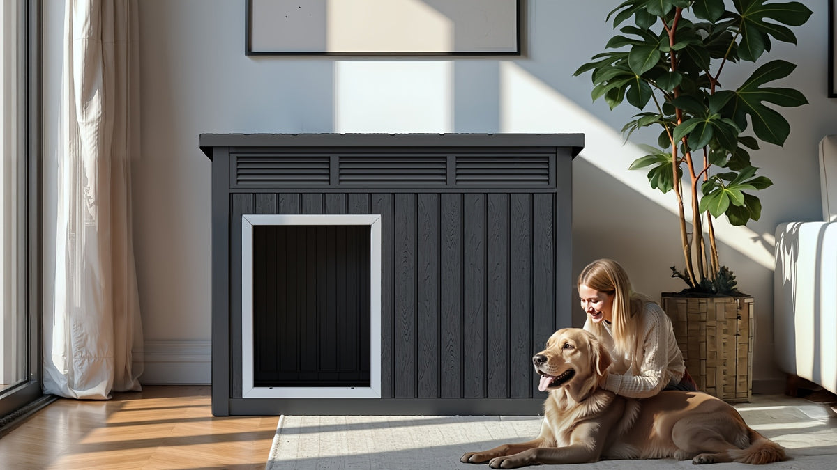42.87"x32.95"x31.61" Slanted Top Doghouse for Large Dogs - UV-Resistant  Outdoor Pet Shelter with Ventilation Openings, Easy Assembly, Durable Plastic Construction,, Modern Pet House, Weatherproof Pet Home,Outdoor Stray Dog Kennel
