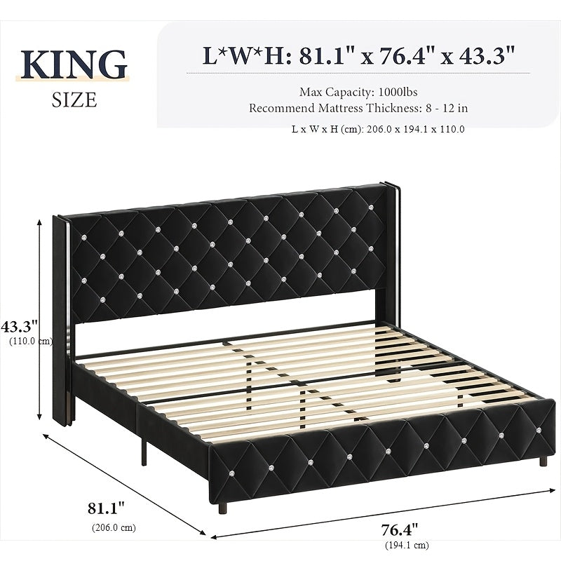 Twin Full Queen King Size Bed Frame, Upholstered Bed Frame with Diamond Tufted Headboard, Modern Silvery Side Wing Back, No Box Spring Needed, Easy Assembly, Purple, Black, Blue, Green, Pink, White