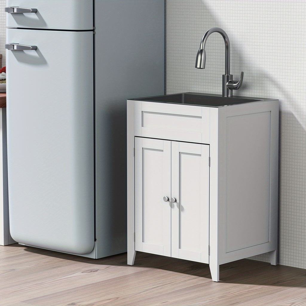 Bonnlo Heavy-Duty Laundry Sink with Pull-Out Sprayer Faucet - Stainless Steel Utility Sink, Space-Saving Cabinet, for Laundry Room, Kitchen, Bathroom, Basement - Easy-Clean Design, Compact Storage Space, Modern Aesthetic, Durable Construction, Kitchen Pre
