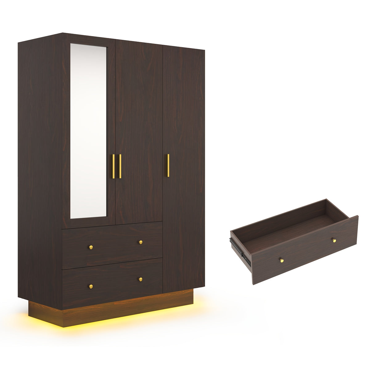 3 Doors Armoire Wardrobe Closet with Mirror, LED Armoire with Doors And Drawers, Wooden Armoire Storage Cabinet with Hanging Rod, Adjustable Shelves