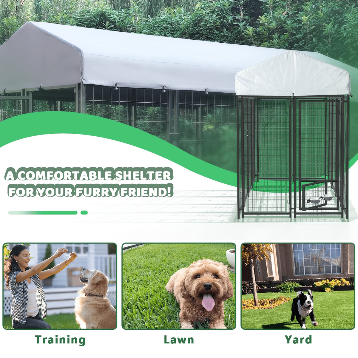 Outdoor Dog Kennel for Large Dogs, Heavy-duty Welded Wire Steel Dog Playpen Fence with Secure Lock, Rotating Dog Bow, Pet Run with UV-Resistant