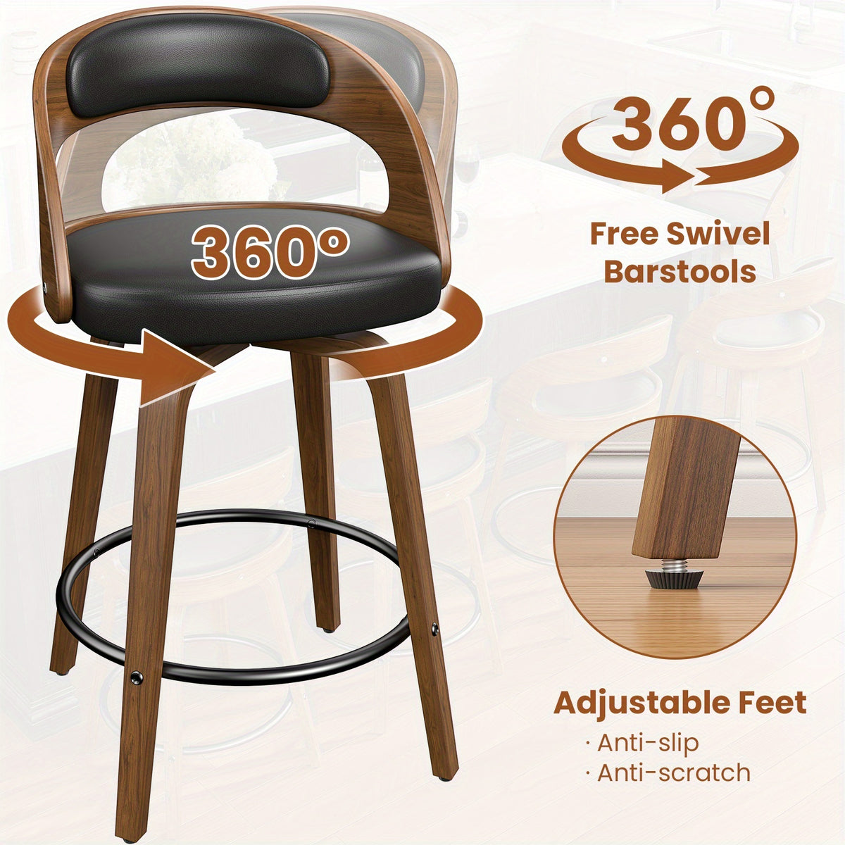 3/4pcs Modern Upholstered Bar Chair Set, 26" Counter-Height Stools With Thick Soft Cushion, Ergonomic Back Support, Solid Wood Legs & Footrest For Kitchen Island