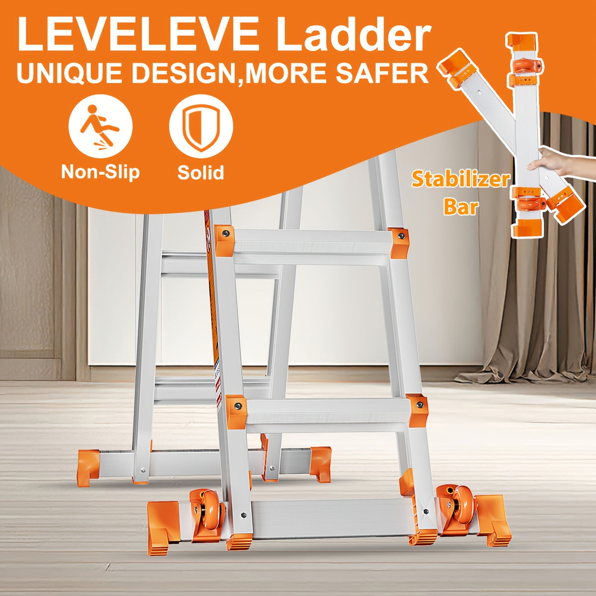 LEVELEVE 6-Step A Frame Step Ladder, Extension Ladder with Two Stabilizer Bars & Wheels, 330 Lbs Security Load Multi-Position Ladder for Stairs Home Indoor Outdoor Roof