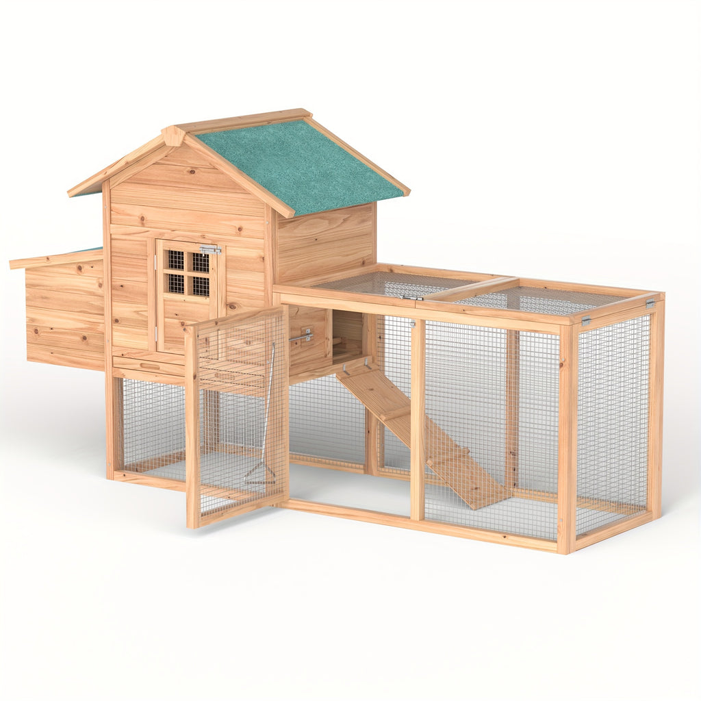 Outdoor Wooden Rabbit Hutch And Chicken Coop Featuring a Run, Egg Box, And a Roof, Without Battery