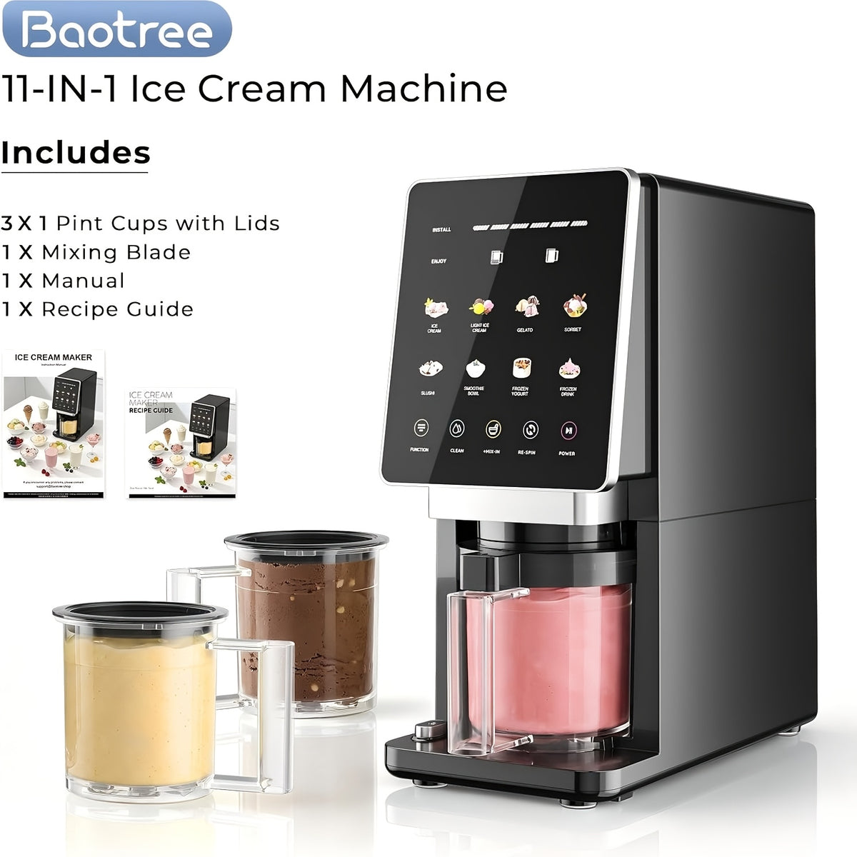 [Compact Gelato Maker] Ice Cream Maker Machine With 3 Pint Cups & Lids - Compact Gelato Maker Suitable For Sorbet, Smoothie Bowls, Milkshakes, Mix-Ins, Instant Desserts For, Parties, Commercial Use ( Plug, Voltage Compatible For North America)