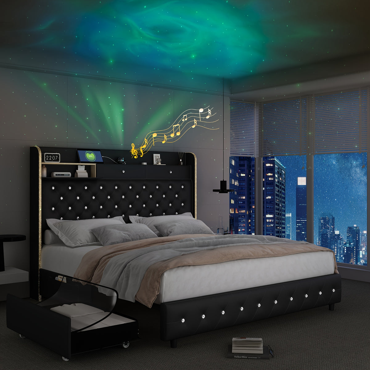 Queen LED Bed Frame with Galaxy Aurora Star Projector And Charging Station, Full Size Platform Bed with 2 Removable Storage Drawers, King Bed with 52" Crystal Button Tufted Upholstered Headboard, Noise Free, No Box Spring Needed, PU Leather