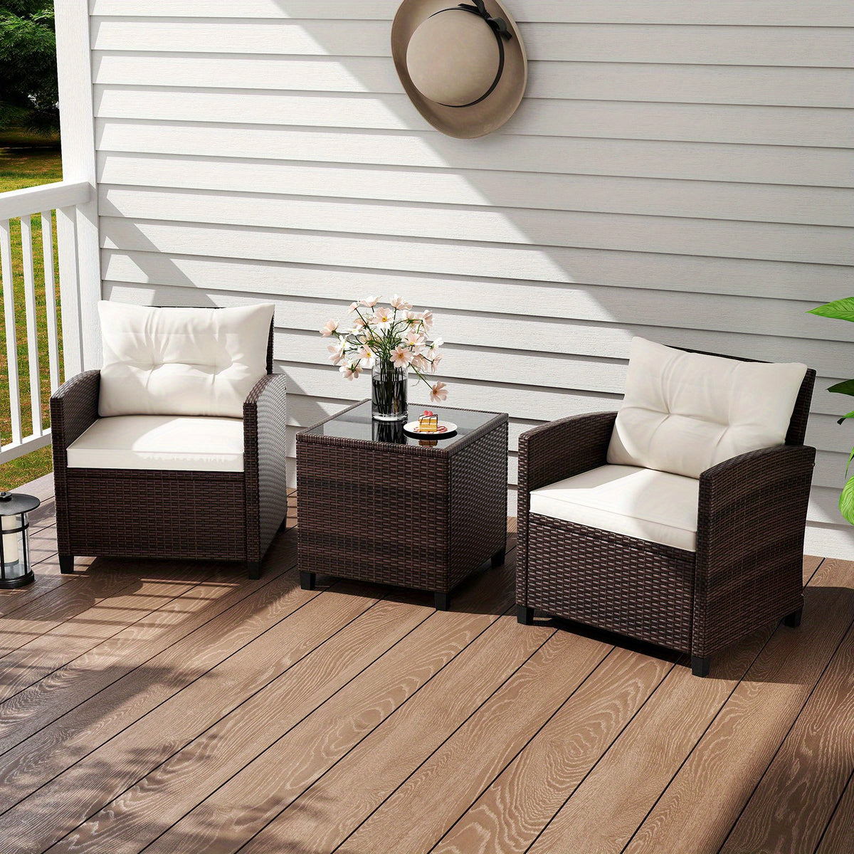 Patio Conversation Set by TANGKULA with 2 Cushioned Armchairs and Tempered Glass Coffee Table