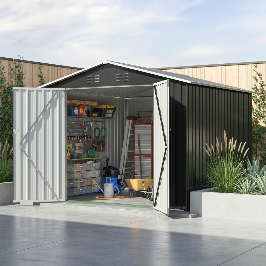 Metal Storage Shed 8' x 8' in Gray with Lockable Doors and Sloped Roof for Backyard Equipment Organization