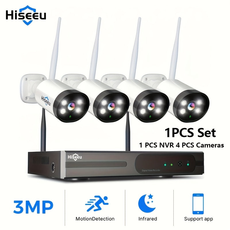 Hiseeu Wireless CCTV System, 4CH 3MP with 4 HD Cameras, 10CH NVR 2.4G 5G Dual Band, Two Way Audio Color Night Vision, Light And Siren Alarm, Ideal for Home Use