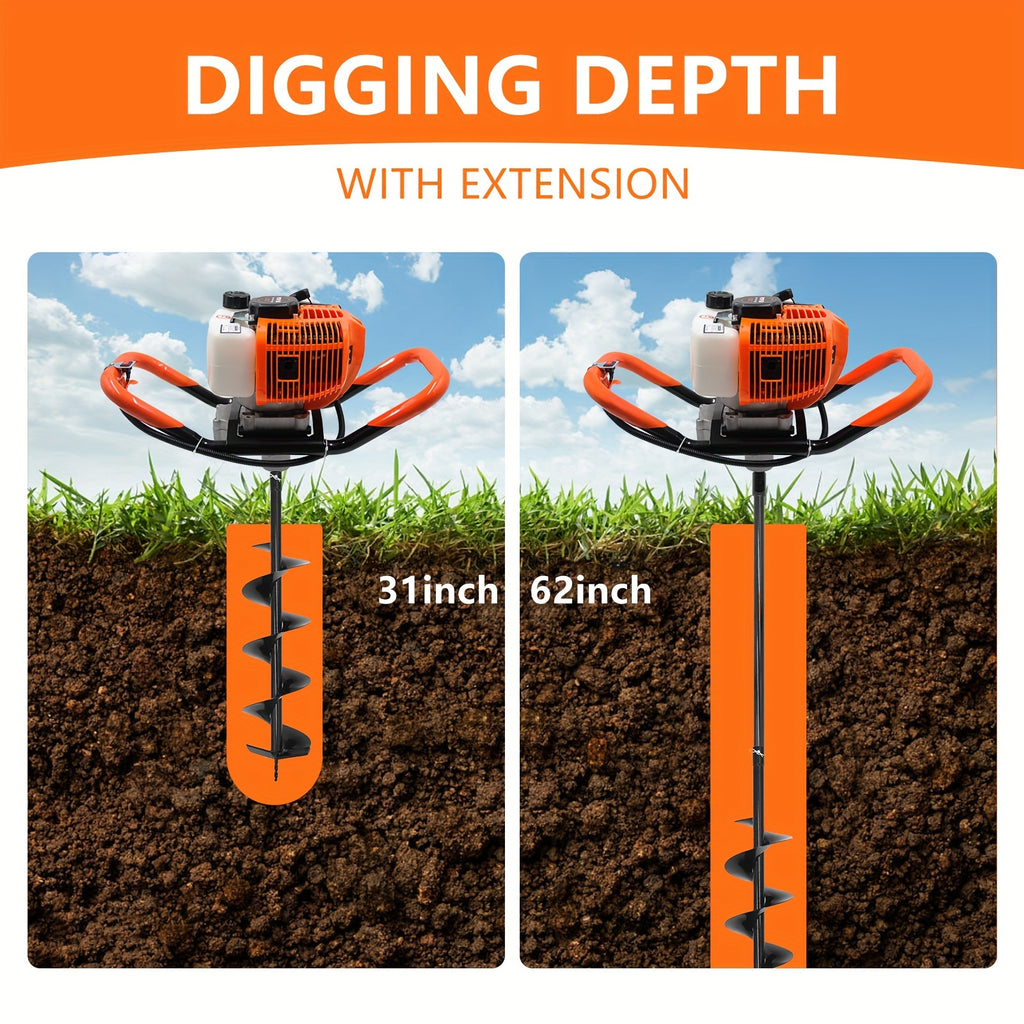 62CC Auger Post Hole Digger, 2 Stroke Gas Powered Earth Post Hole Digger With 2 Auger Drill Bits (6" & 8") + 1 Extension Rods For Farm Garden Plant, Orange (62CC)