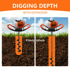 62CC Auger Post Hole Digger, 2 Stroke Gas Powered Earth Post Hole Digger With 2 Auger Drill Bits (6" & 8") + 1 Extension Rods For Farm Garden Plant, Orange (62CC)