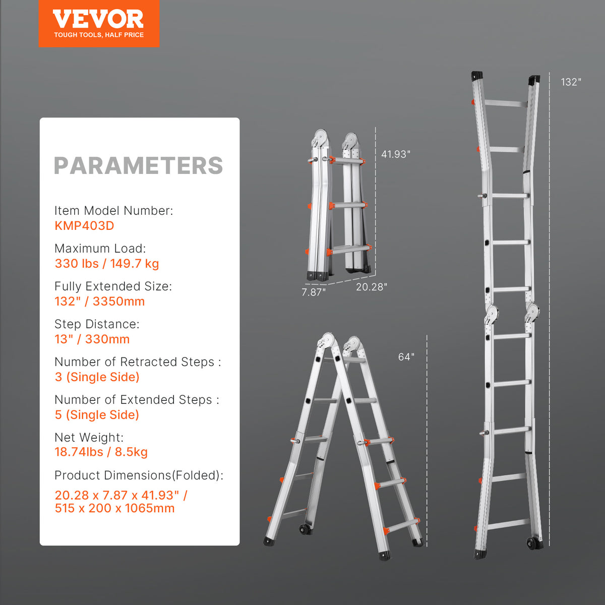 VEVOR Telescoping Ladder A Frame 9.5 FT 2880mm / 11FT 3350 mm / 13 FT 4000mm / 15.5FT 4670 mm / 17FT 5120 mm / 20FT 5990 mm/ 20.5FT 6230 mm Extension Multi-Function for Homework
