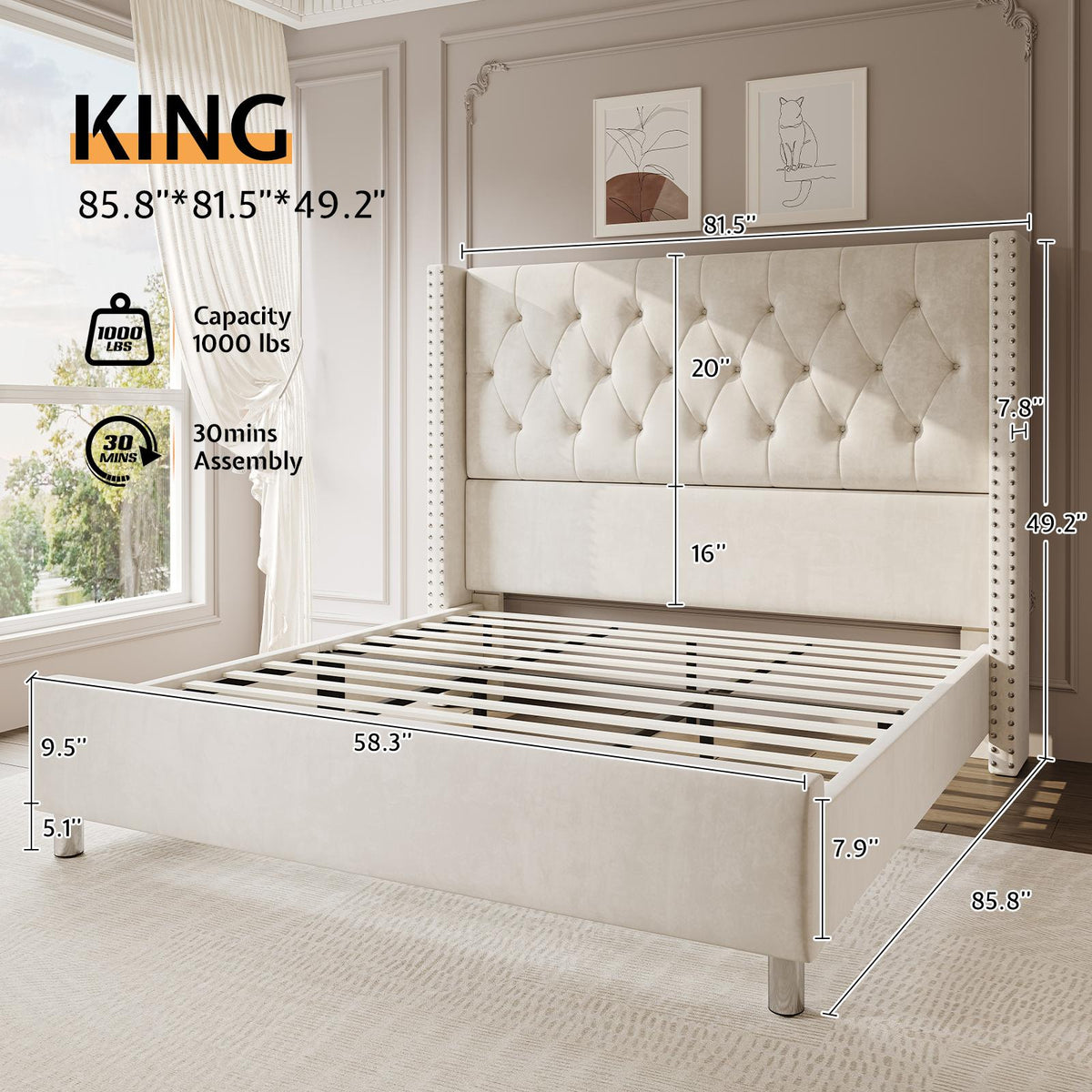 ALBOTT Upholstered Platform Bed Frame with 50 Inch Velvet Wingback Headboard, Button Tufted and Nailhead Trim, No Box Spring Needed, Easy Assembly