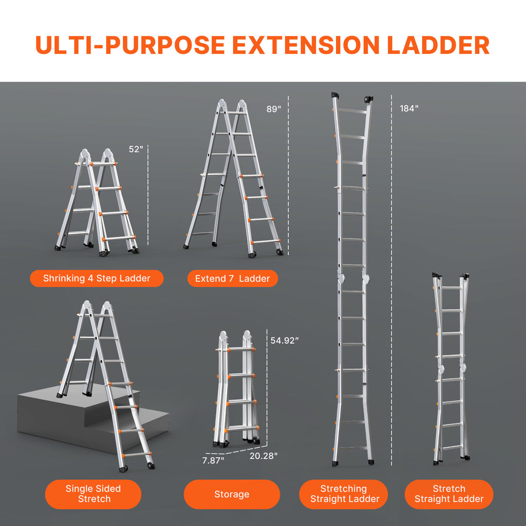 VEVOR Telescoping Ladder A Frame 9.5 FT 2880mm / 11FT 3350 mm / 13 FT 4000mm / 15.5FT 4670 mm / 17FT 5120 mm / 20FT 5990 mm/ 20.5FT 6230 mm Extension Multi-Function for Homework
