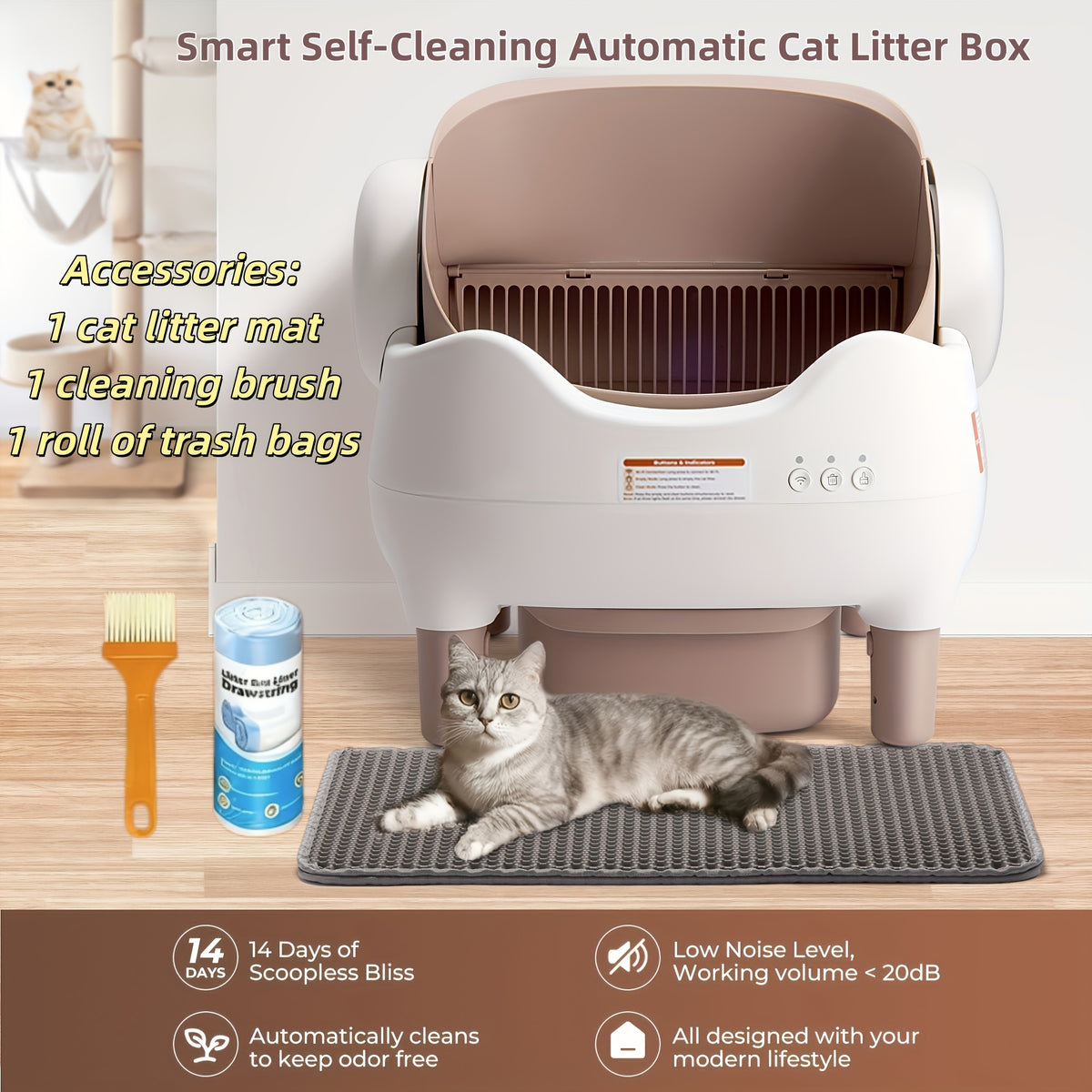 Large Smart Self-Cleaning Cat Litter Box, App-Controlled Automatic Cleaner with 3.43Gal Big Capacity, 2.4G Wifi Cat Litter Box with Odor Removal, 14-Day Hands Free Scoopless Care, Auto-Scoop, Ideal for Busy Pet Owners, 1 Brush, Trash Bags And 1 Mat
