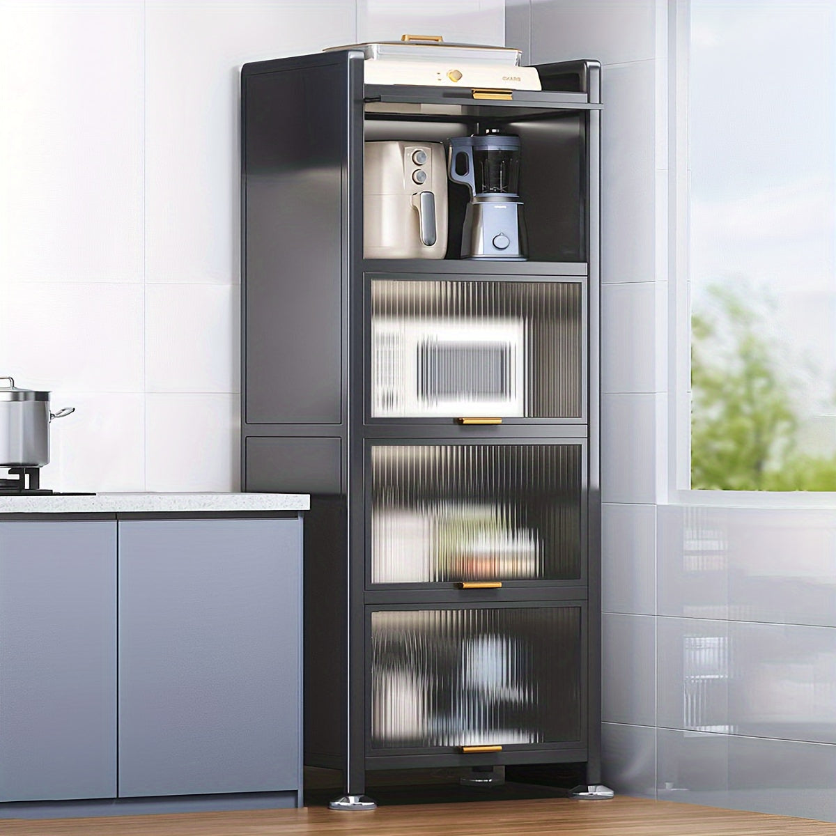 Joybos™ 5-Tier Narrow Multifunctional Metal Kitchen Storage Cabinet - Spacious Microwave Stand, Coffee Bar Shelf, Pantry Organizer, And Hutch for Kitchen, Living Room - Space-Saving, Durable, And Stylish, Standing Shelf, Standing Shelf