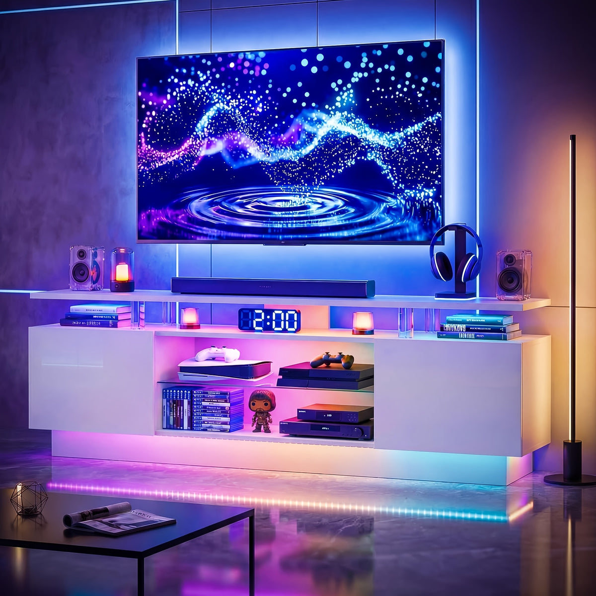 72"/82" High-Glossy TV Stand With 2 Side Cabinets, Modern Stylish TV Console With 3 Layer LED Lights, Gaming TV Media Console With Adjustable Glass Shelf, Black