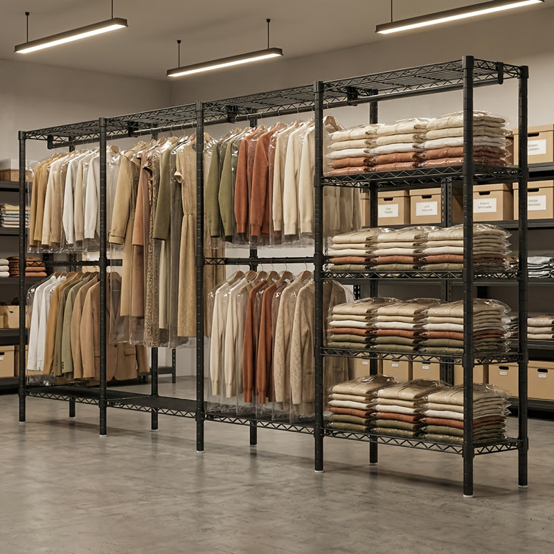 Heavy Duty Freestanding Garment Rack Suitable for Retail & Use - 1100 Capacity Portable Clothing Shelf System with Freestanding Base, Adjustable Hooks/Rods, Space-Saving for Bedroom, Walk-in Closet, Commercial Display - Assembly