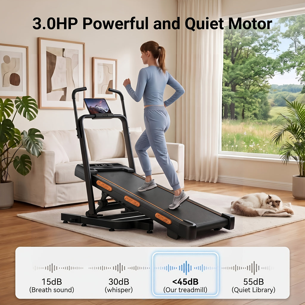 39% Incline Folding Treadmill for Tall Users, 3.0HP Quiet Motor, 350 Lbs Capacity, 6.2 MPH, Elevated Dual Handle Bar and Suction Tablet Holder